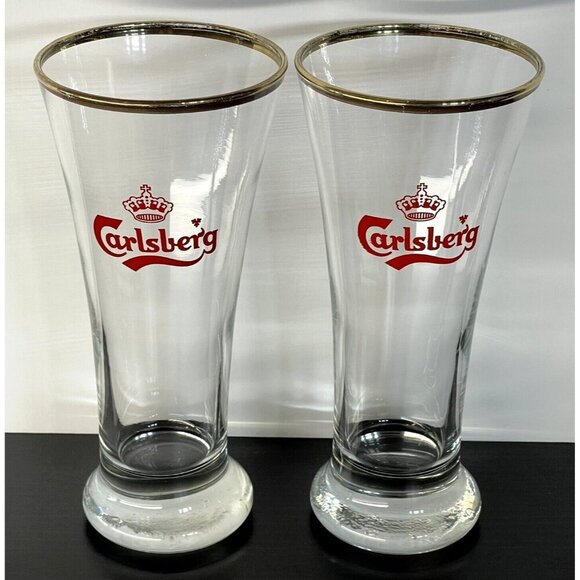Vintage Danish Carlsberg Red Logo 16 oz Gold Rim  Beer Glasses Denmark set of 2 - Picture 2 of 6